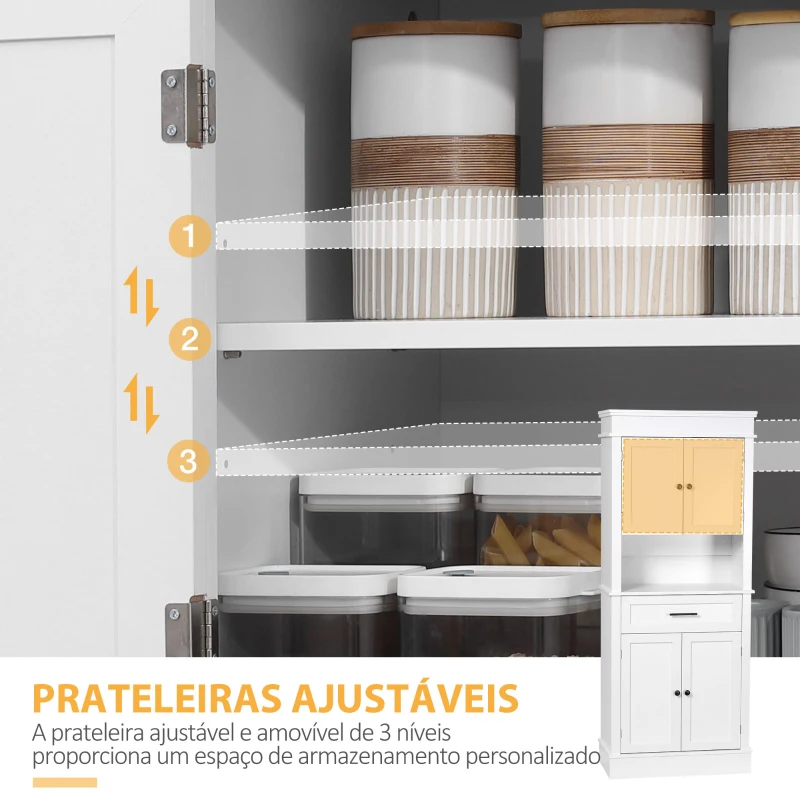 HOMCOM Armário de Cozinha com 4 Portas 1 Gaveta e Prateleira Aberta para Sala de Estar Sala de Jantar 74x39,5x183cm Branco