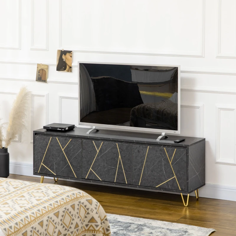 HOMCOM Mobilier pentru televizor pana la 65" cu dulapuri cu usi cu amortizare, efect de marmura si picioare din metal, 147x35x52cm, Negru