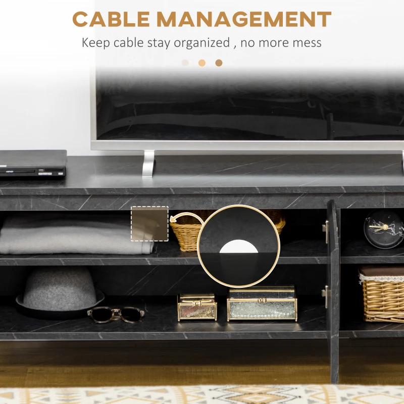 HOMCOM Mobilier pentru televizor pana la 65" cu dulapuri cu usi cu amortizare, efect de marmura si picioare din metal, 147x35x52cm, Negru