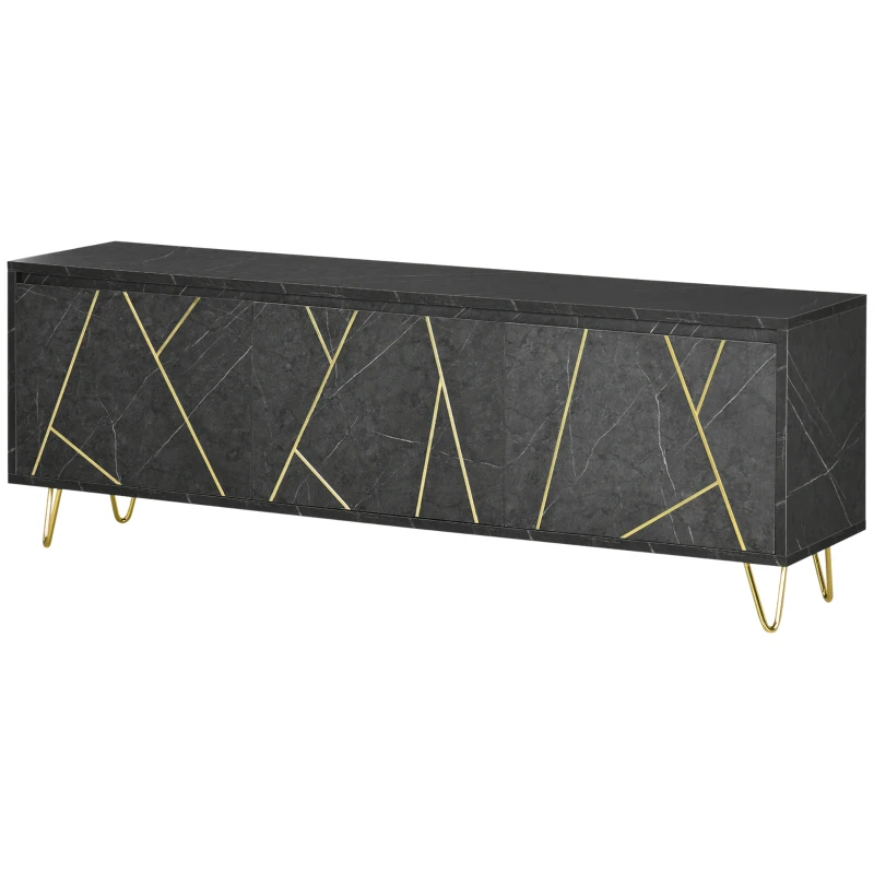 HOMCOM Mobilier pentru televizor pana la 65" cu dulapuri cu usi cu amortizare, efect de marmura si picioare din metal, 147x35x52cm, Negru
