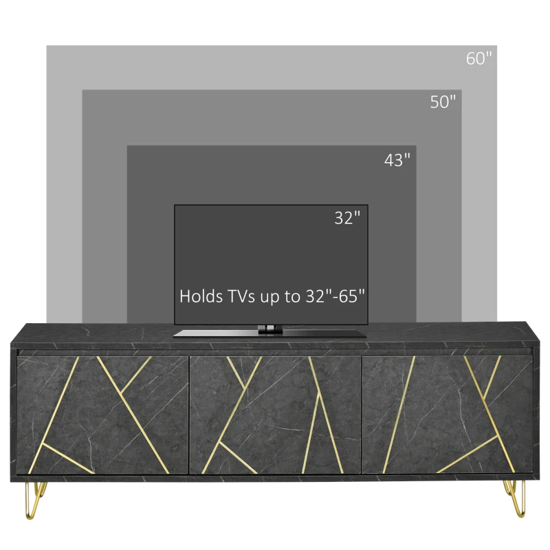 HOMCOM Mobilier pentru televizor pana la 65" cu dulapuri cu usi cu amortizare, efect de marmura si picioare din metal, 147x35x52cm, Negru