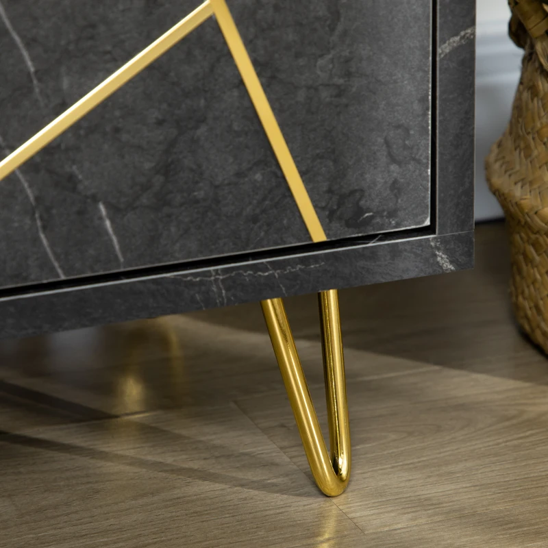 HOMCOM Mobilier pentru televizor pana la 65" cu dulapuri cu usi cu amortizare, efect de marmura si picioare din metal, 147x35x52cm, Negru