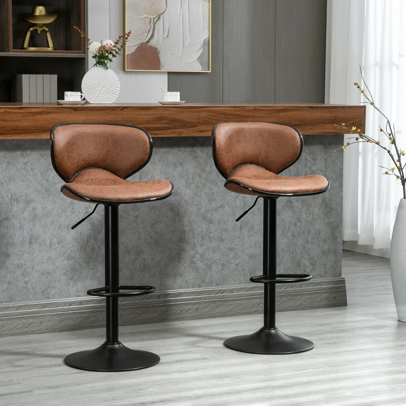 HOMCOM Bar Stool Set of 2 Microfiber Cloth Adjustable Height Armless Chairs with Swivel Seat, Brown