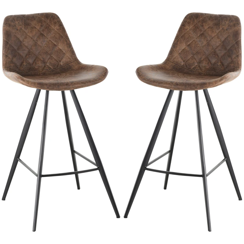 HOMCOM Set Of 2 Bar Stools Vintage Microfiber Cloth Tub Seats Padded Comfortable Steel Frame Footrest Quilted Home Bar Cafe Kitchen Chair Stylish Brown