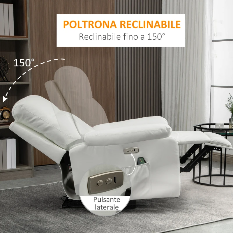 HOMCOM Poltrona Relax Massaggiante Reclinabile fino a 150° con 8 Punti e Tasche Laterali, Telecomando e Porta USB Inclusa, in Microfibra e Acciaio, 80x96x97cm, Bianca