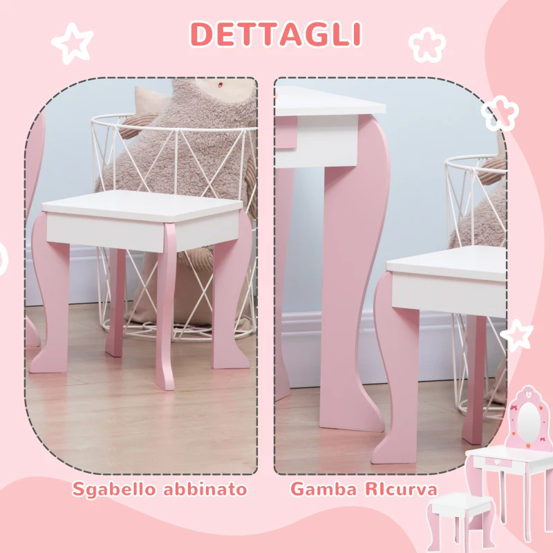 ZONEKIZ Set Tavolo Trucco con Sgabello, Specchio e Cassetto in MDF per Bimbi 3-6 Anni, Bianco e Rosa