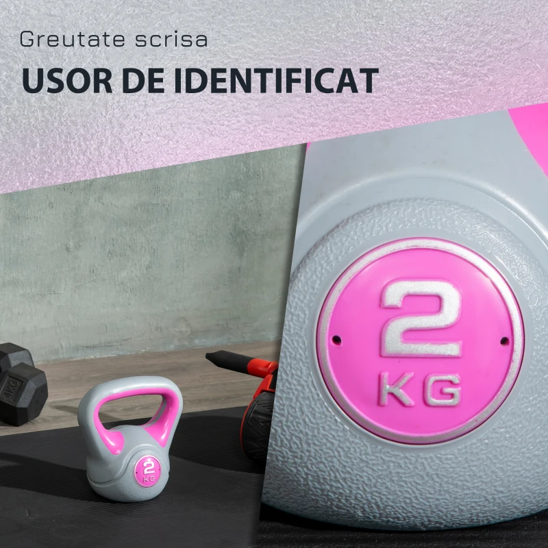 SPORTNOW Kettlebell 2kg din PU si nisip cu baza plata si maner practic pentru deadlifting, genuflexiuni si lifting, 18 x 10 x 20 cm, roz