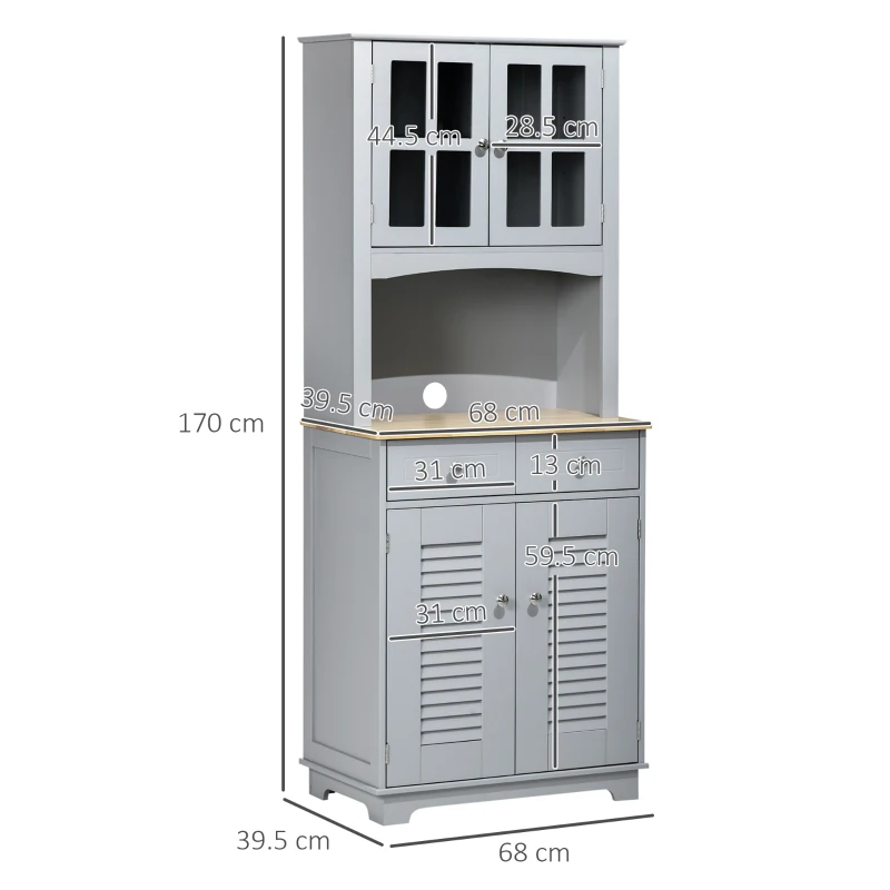 HOMCOM Bufet pentru Bucatarie, Mobilier din Lemn, Dulap de Bucatarie in Stil Clasic, Gri, 68x39.5x170 cm(m-3)