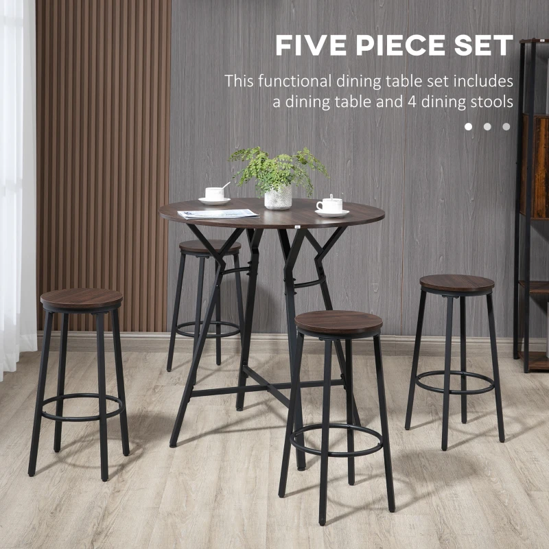 HOMCOM Set de masa cu 4 scaune, in Stil Industrial pentru Bucatarie si Bar, Set din Lemn si Otel, Culoare nuc