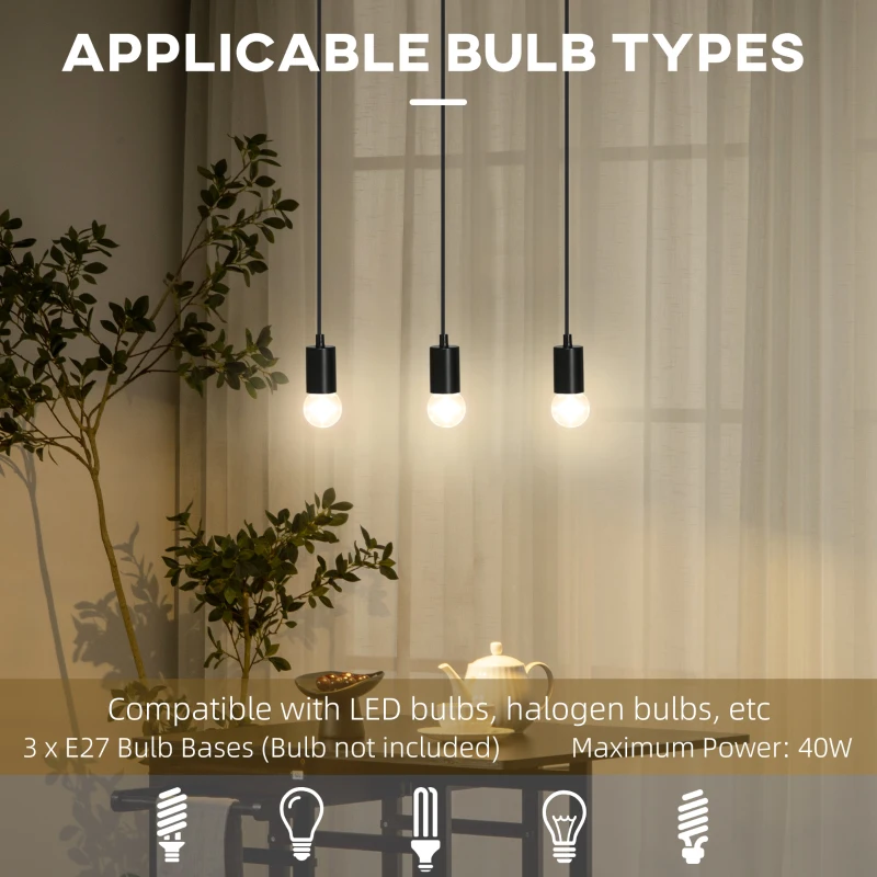 HOMCOM Lustra suspendata in stil industrial cu 3 becuri, candelabru vintage din lemn si metal, Plafoniera suspendata 50x8x33cm, negru