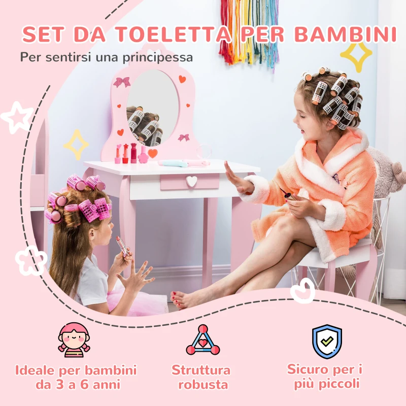 ZONEKIZ Set Tavolo Trucco con Sgabello, Specchio e Cassetto in MDF per Bimbi 3-6 Anni, Bianco e Rosa