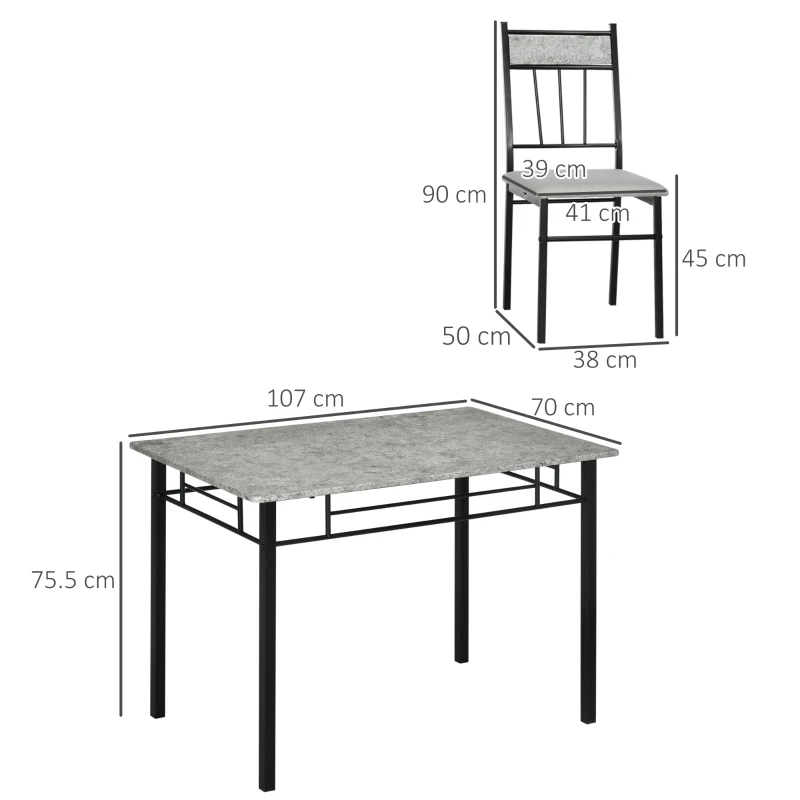 HOMCOM Set masa si scaune 5 buc, masa dreptunghiulara din metal si MDF si 4 scaune de sufragerie cu scaun tapitat cu spuma si poliester