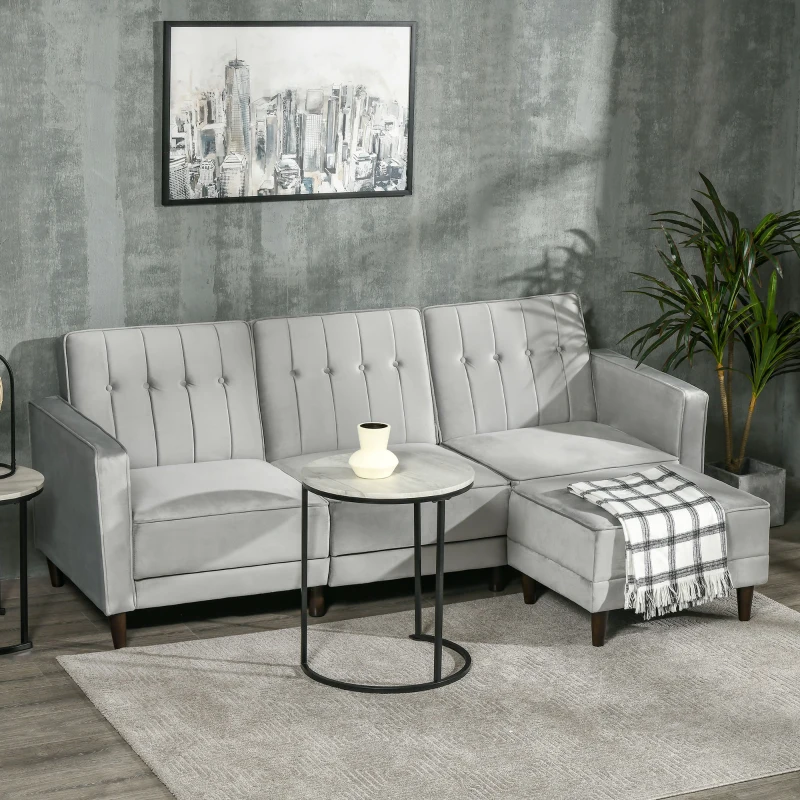 HOMCOM Canapea extensibila cu 3 locuri cu taburet si spatar inclinabil, tapiterie din catifea si scaun captusit, 218x85x86 cm, gri deschis(m-10)