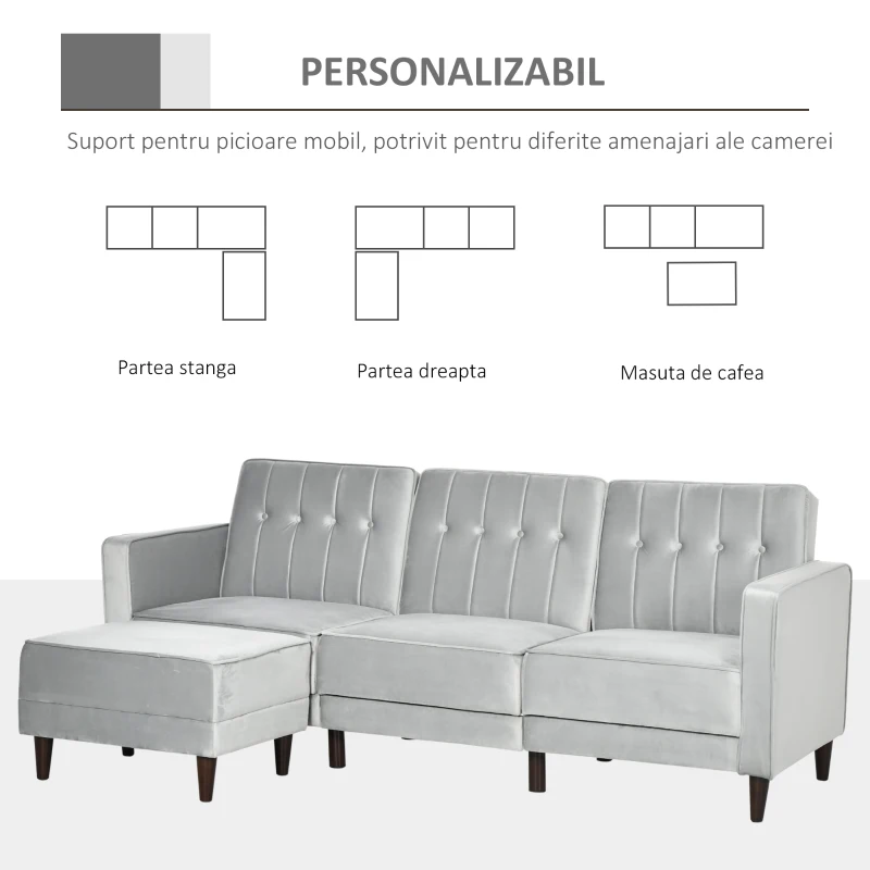 HOMCOM Canapea extensibila cu 3 locuri cu taburet si spatar inclinabil, tapiterie din catifea si scaun captusit, 218x85x86 cm, gri deschis(m-5)