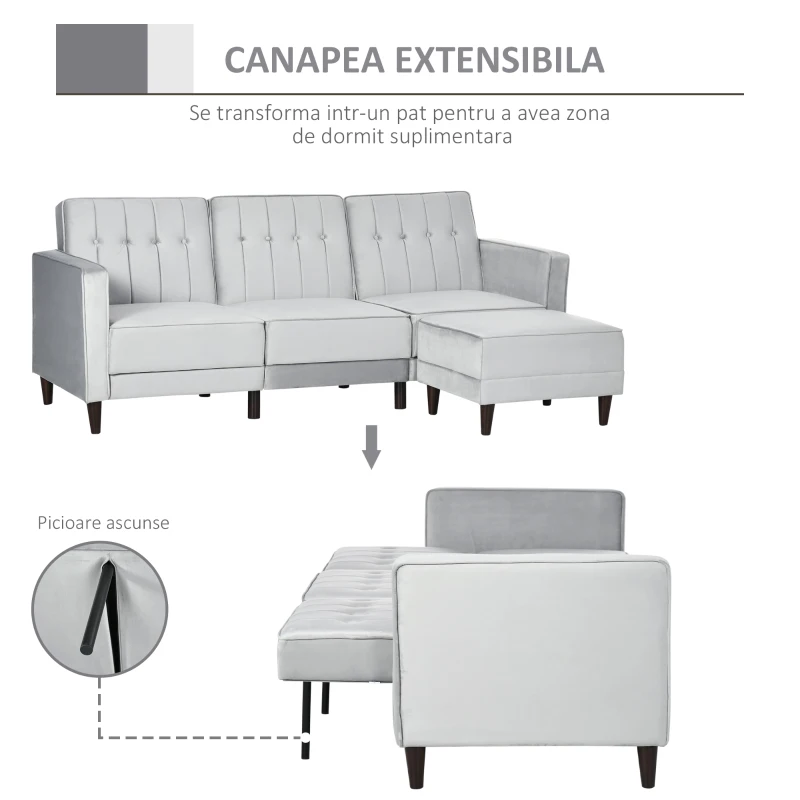 HOMCOM Canapea extensibila cu 3 locuri cu taburet si spatar inclinabil, tapiterie din catifea si scaun captusit, 218x85x86 cm, gri deschis(m-4)