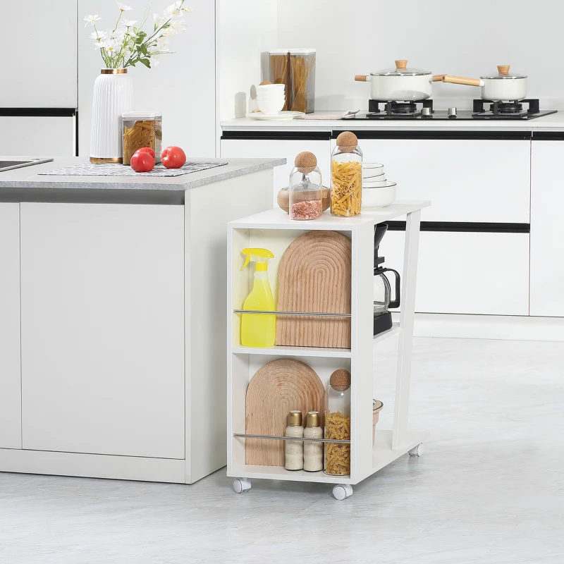 Homcom Carucior Bucatarie Lemn Alb – Cu Roti si 2 Rafturi Deschise