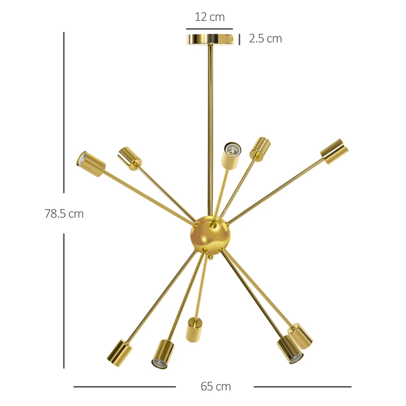 HOMCOM Lampada a Sospensione in Metallo Oro con 10 Luci per Cucina, Soggiorno e Camera da Letto, 65x65x78.5 cm