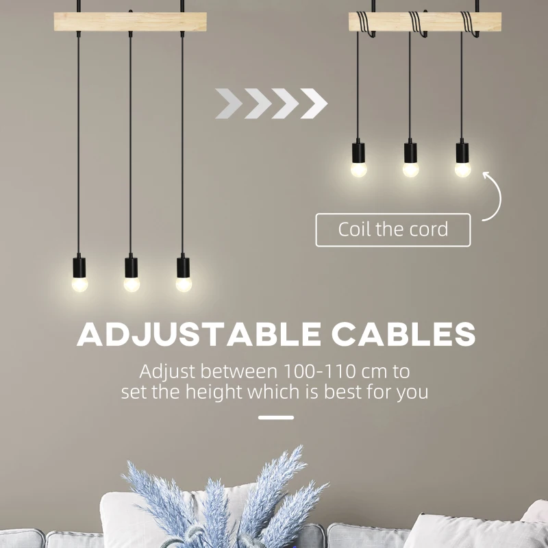 HOMCOM Lustra suspendata in stil industrial cu 3 becuri, candelabru vintage din lemn si metal, Plafoniera suspendata 50x8x33cm, negru