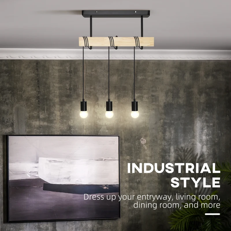 HOMCOM Lustra suspendata in stil industrial cu 3 becuri, candelabru vintage din lemn si metal, Plafoniera suspendata 50x8x33cm, negru