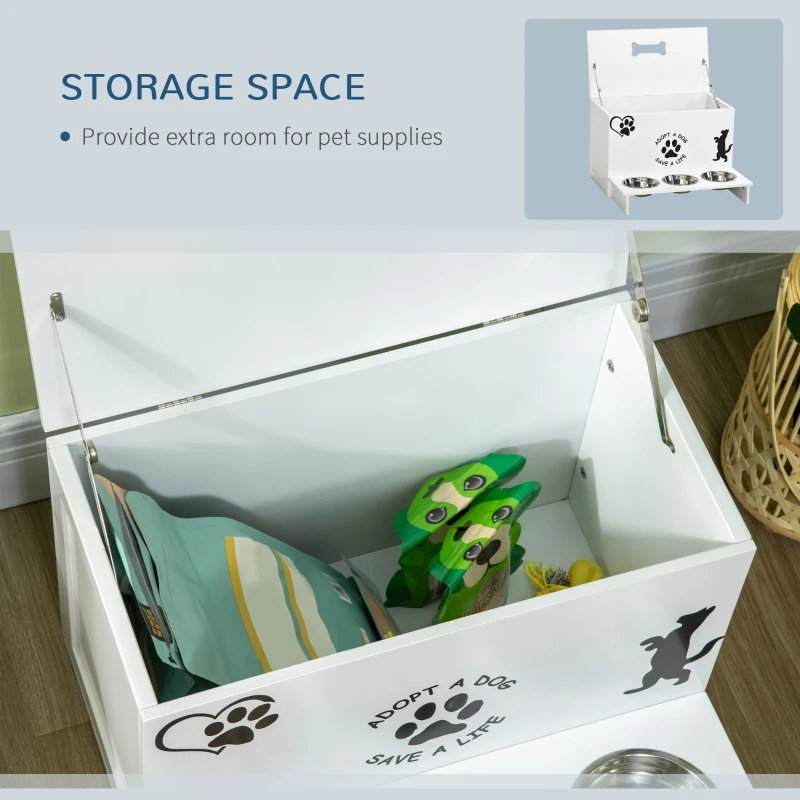 PawHut Set 3 Ciotole per Cani da 500ml con Spazio a Scomparsa e Supporto in MDF e Acciaio Inox, 57x53x37.5 cm, Bianco