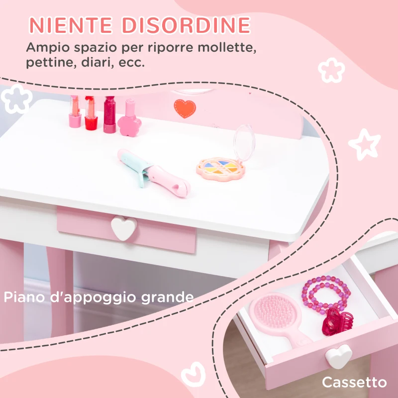 ZONEKIZ Set Tavolo Trucco con Sgabello, Specchio e Cassetto in MDF per Bimbi 3-6 Anni, Bianco e Rosa