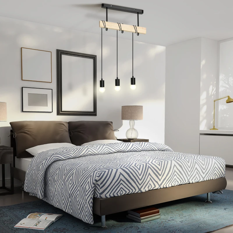 HOMCOM Lustra suspendata in stil industrial cu 3 becuri, candelabru vintage din lemn si metal, Plafoniera suspendata 50x8x33cm, negru