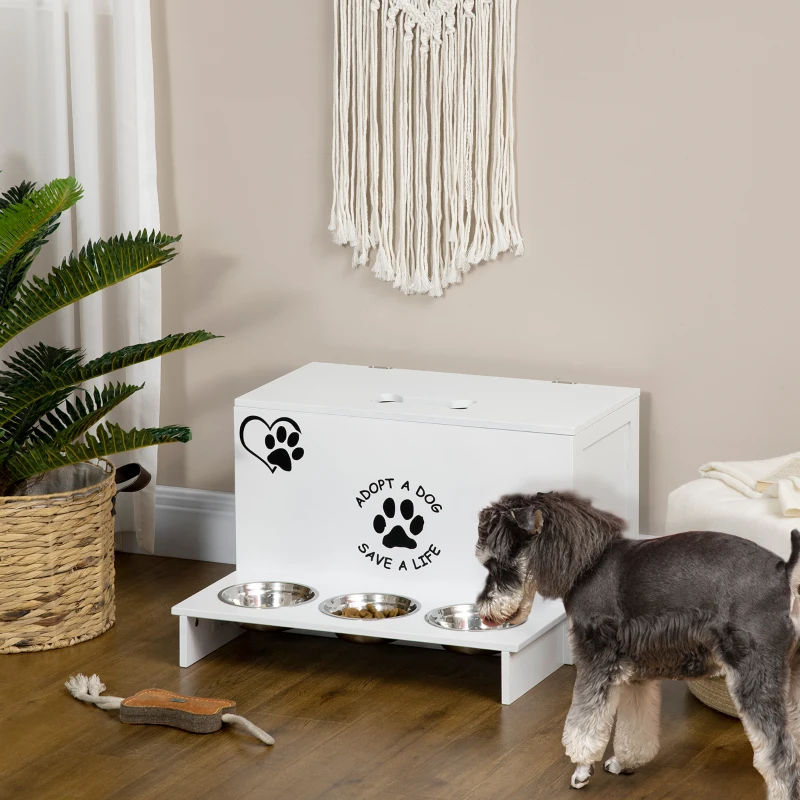 PawHut Set 3 Ciotole per Cani da 500ml con Spazio a Scomparsa e Supporto in MDF e Acciaio Inox, 57x53x37.5 cm, Bianco