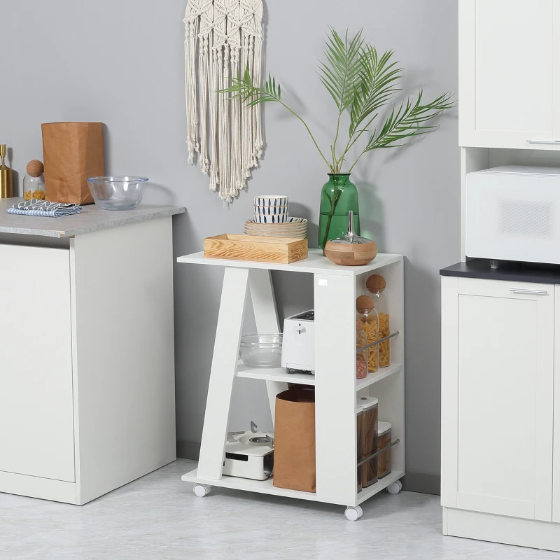 Homcom Carucior Bucatarie Lemn Alb – Cu Roti si 2 Rafturi Deschise