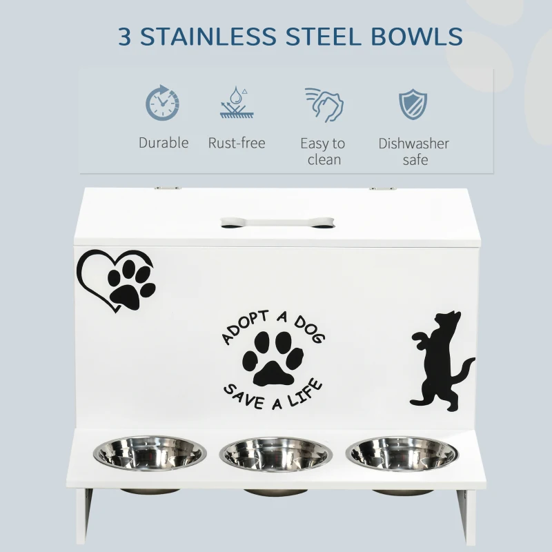 PawHut Set 3 Ciotole per Cani da 500ml con Spazio a Scomparsa e Supporto in MDF e Acciaio Inox, 57x53x37.5 cm, Bianco