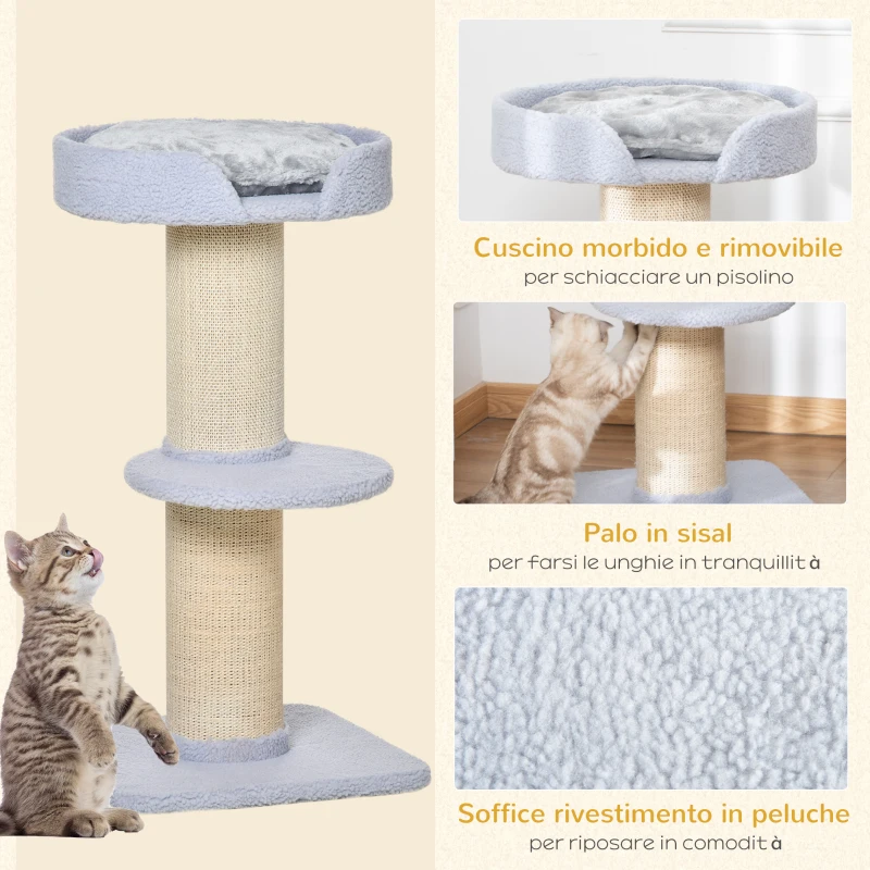 PawHut Tiragraffi per Gatti con Lettino, Rivestimento Peluche e Palo in Sisal, 45x45x91cm, Azzurro