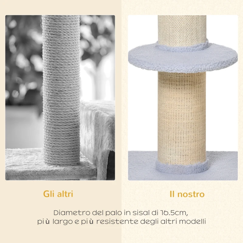 PawHut Tiragraffi per Gatti con Lettino, Rivestimento Peluche e Palo in Sisal, 45x45x91cm, Azzurro