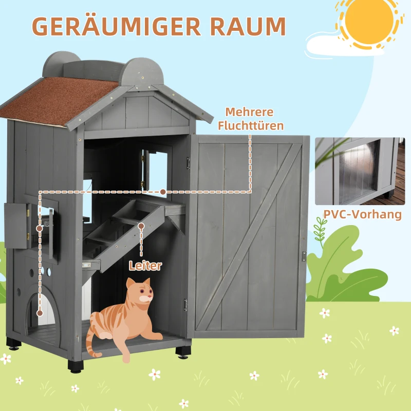 PawHut® kattenhuis kattenhut kattenvilla met 2 verdiepingen en asfaltdak massief hout grijs 59 x 55 x 109 cm | Aosom.de