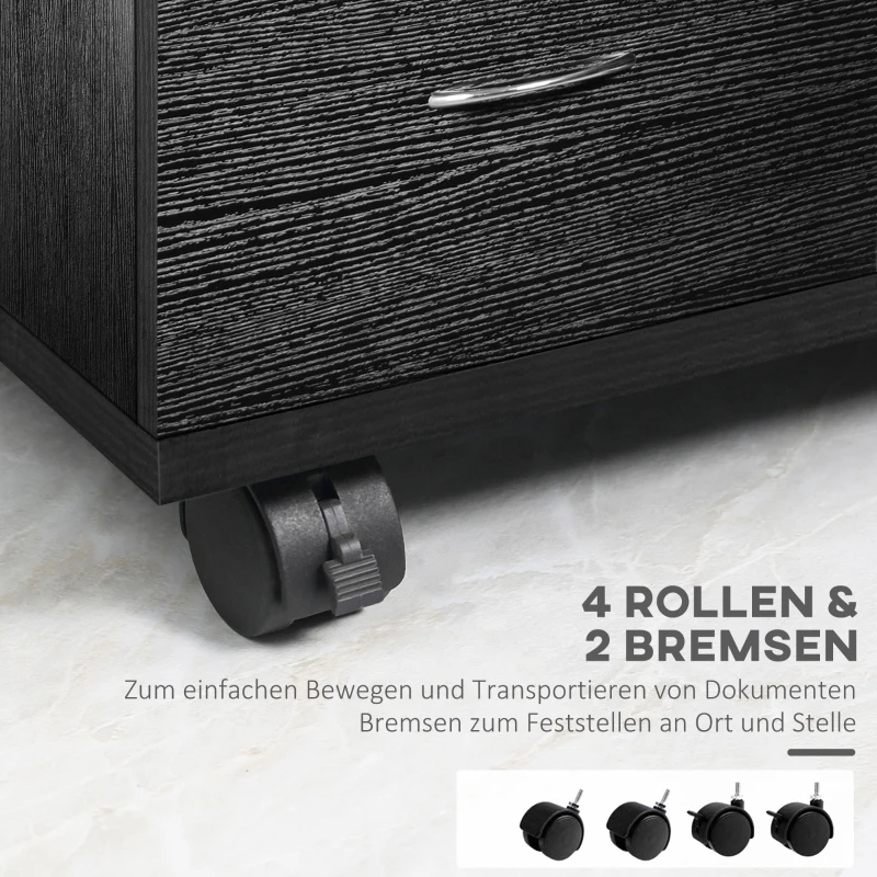 HOMCOM Rollcontainer Bürocontainer Kommode Schubladenschrank auf Rollen, Spanplatte, 41x39x58cm (Schwarz)