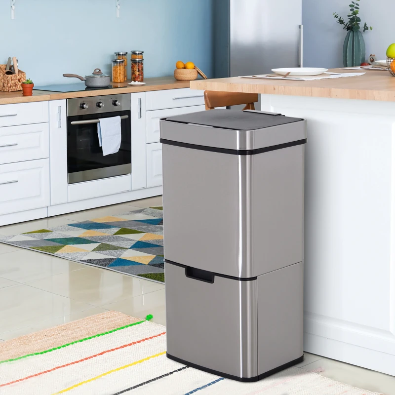 HOMCOM 72L Recycling Sensor Bin Stainless Steel 3 Compartments For Both Wet/Dry Waste w/Removable Lid  Kitchen Home