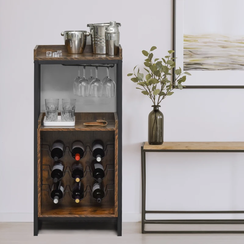 HOMCOM Retro Industrial 9-bottle Wine Rack Storage Cabinet Serving Bar Wood Buffet with  Glass Holders