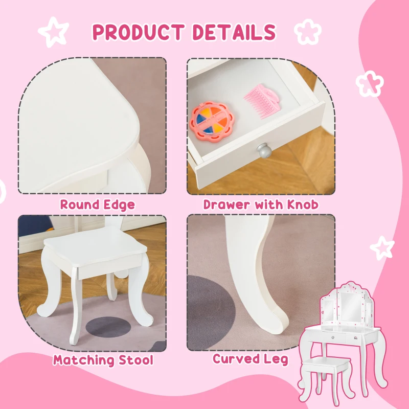 HOMCOM Kids Vanity Table & Stool Girls Dressing Set Make Up Desk Chair Dresser Play Set with Rotatable Mirrors Drawer Star & Heart Pattern White