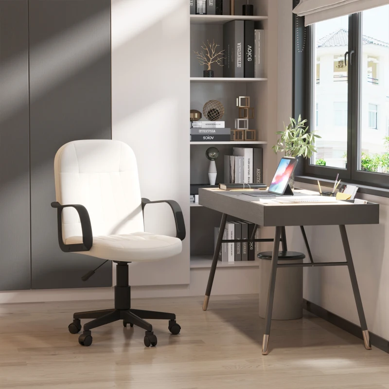 HOMCOM Swivel Executive Office Chair Home Mid Back PU Leather Computer Desk Chair for Adults with Arm, Wheels, Cream