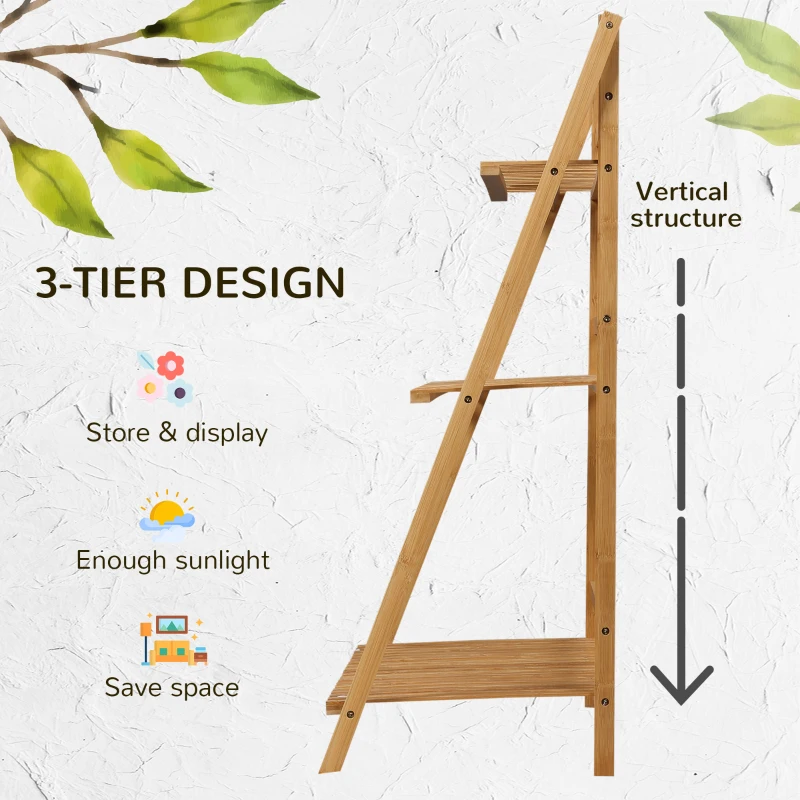 Outsunny Jardiniera de exterior din bambus cu 3 niveluri cu design inaltat si pliabil, 98x37x96,5 cm, culoarea lemnului