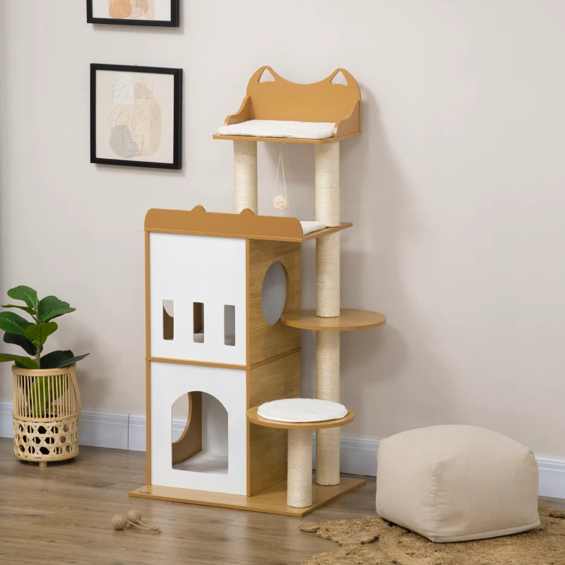 PawHut Ansamblul pentru pisici MDF cu stalpi de zgariat din sisal, 2 casute pentru pisici, platforme si minge de joaca, 60x48x133 cm, alb si stejar