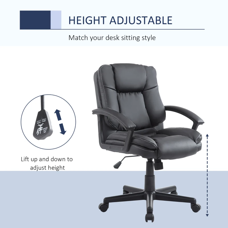 HOMCOM Mid Back Executive Office Chair, Faux Leather Computer Desk Chair with Swivel, Double-Tier Padding, Arm, Wheels, Black