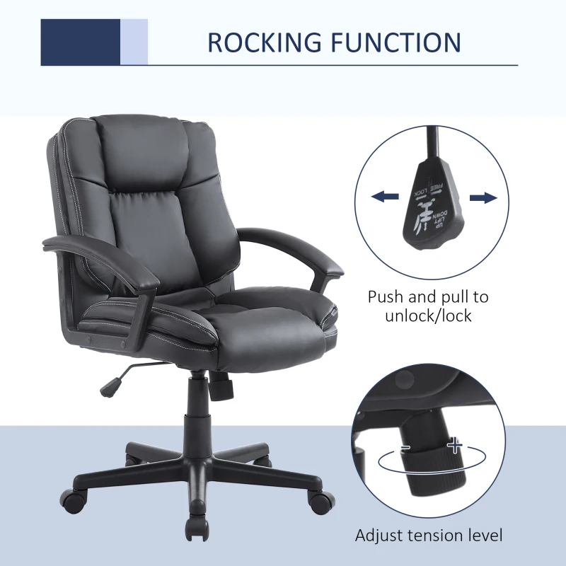 HOMCOM Mid Back Executive Office Chair, Faux Leather Computer Desk Chair with Swivel, Double-Tier Padding, Arm, Wheels, Black