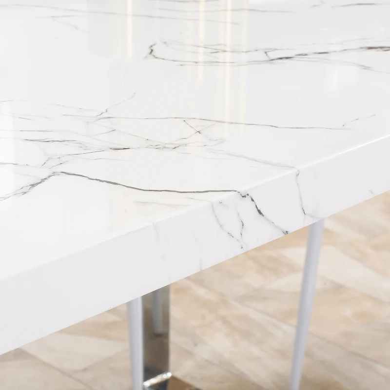 HOMCOM Modern Dining Room Table Rectangular Kitchen Table for 6-8 People with Marble Effect Tabletop Steel Legs 155 cm White