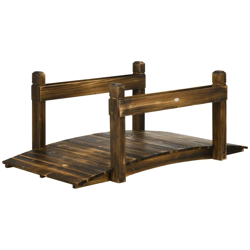 Outsunny 5FT Wooden Garden Bridge with Planters on Safety Railings, Stained Finish Arc Footbridge for Pond Backyard Stream