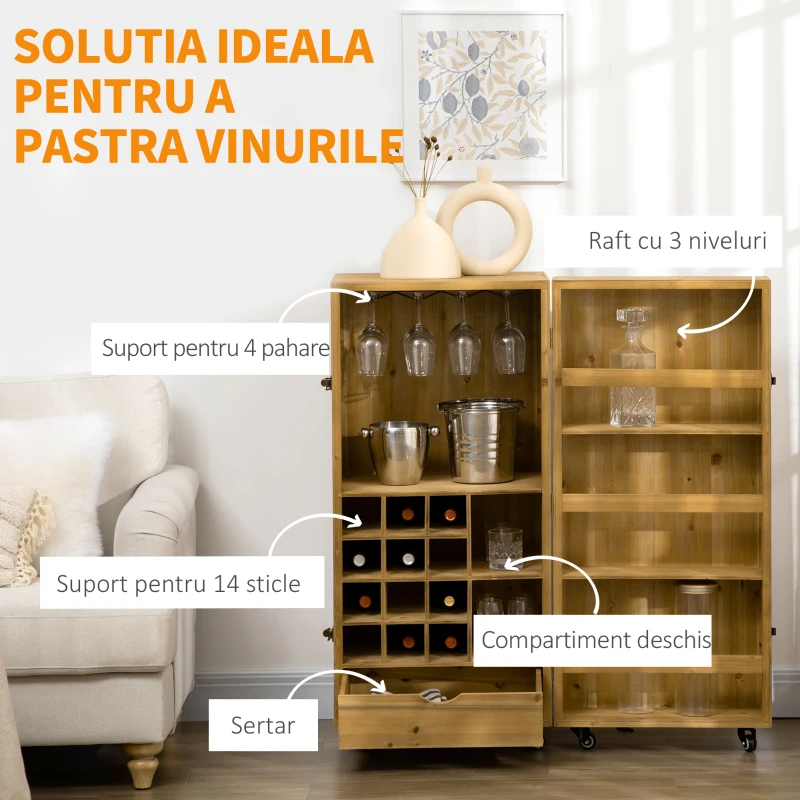 HOMCOM Dulap de vinuri rulant pentru 14 sticle, bufet de bucatarie pe roti cu usa, sertar, rafturi deschise pentru sufragerie, bar de casa, maro inchis