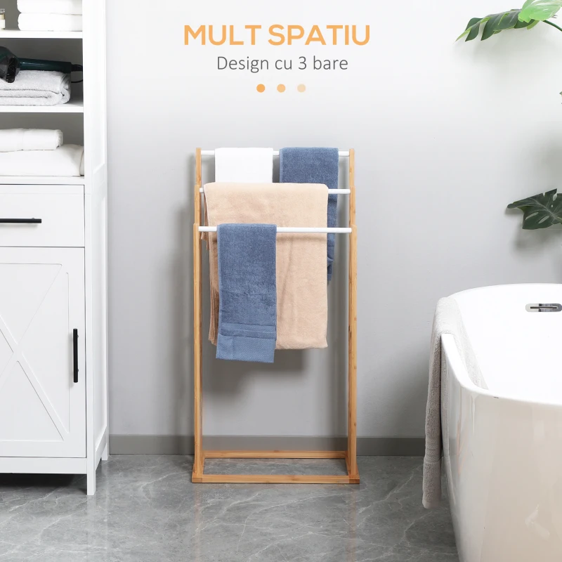 HOMCOM Suport pentru prosoape din bambus cu 3 bare, suport pentru prosoape pe trei niveluri care economiseste spatiu pentru baie si spalatorie, natural