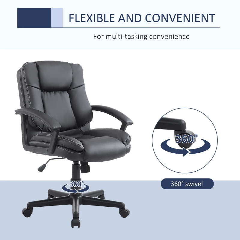 HOMCOM Mid Back Executive Office Chair, Faux Leather Computer Desk Chair with Swivel, Double-Tier Padding, Arm, Wheels, Black