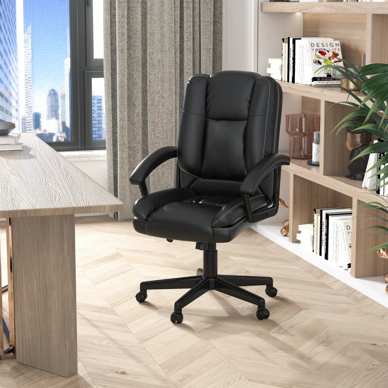 HOMCOM Mid Back Executive Office Chair, Faux Leather Computer Desk Chair with Swivel, Double-Tier Padding, Arm, Wheels, Black