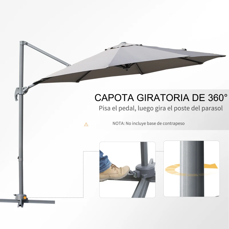 Outsunny Sombrilla de Aluminio Jardín Ø300x250 cm Parasol Excéntrico con Rotación 360° Inclinación de 6 Niveles con Manivela Ventilación y Base Cruzada para Patio Terraza Gris