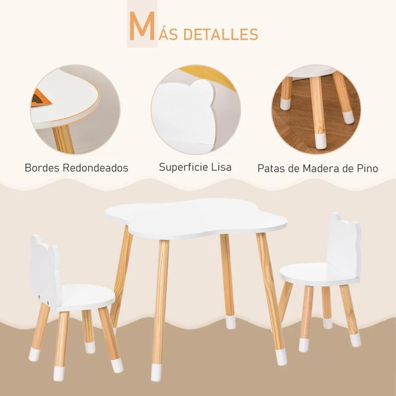 HOMCOM Mesa y Sillas Infantil de Madera Muebles Infantiles para Sala de Juego y Dormitorio de Niños Natural y Blanco