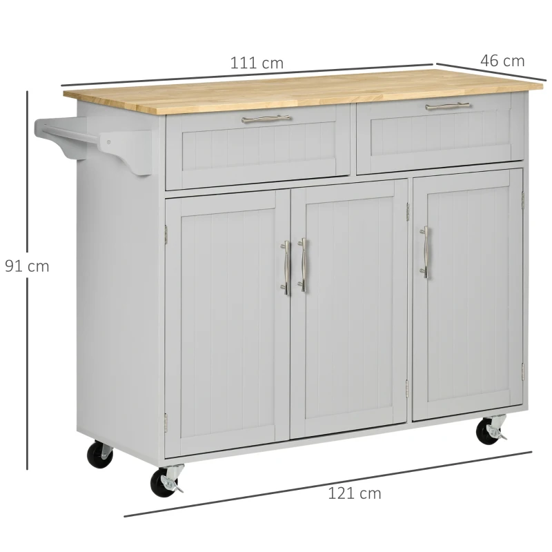 HOMCOM Carrello da Cucina Multiuso in Legno con 2 Cassetti, 3 Antine e 4 Ruote 121x46x91cm, Grigio